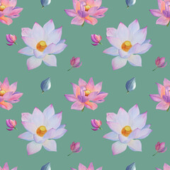 Seamless pattern of Lotus flowers painted in watercolor. Hand drawn on textured paper. Suitable for creating your ideas: print, poster, wallpaper, backgrounds and cards.