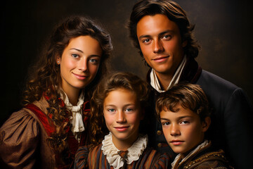 Fototapeta premium French family in traditional costumes, minimalist and generational.