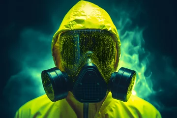 Fotobehang Man in bio hazard suit, luminous color palette © Oksana