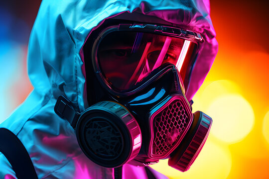 Man in bio hazard suit, luminous color palette