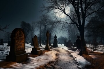 The cemetery is brightened by two moons in winter night. Generative AI - obrazy, fototapety, plakaty