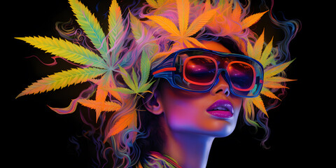 Woman smoking cannabis, fluorescent neon colors photo