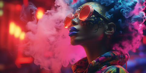 Woman smoking cannabis, fluorescent neon colors photo