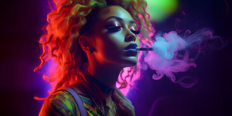 Woman smoking cannabis, fluorescent neon colors photo - obrazy, fototapety, plakaty