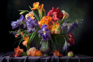 Floral arrangement. Artwork of vibrant irises. Suitable for printing. Generative AI