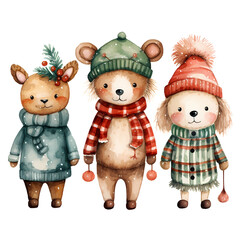 watercolor cute christmas costume animals.