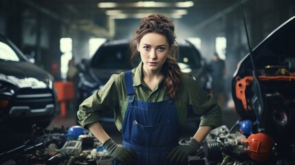Obraz na płótnie Canvas Service area: auto repair shop, Portrait of a woman Female Mechanic Working with Vehicle in a Car Service Workshop garage