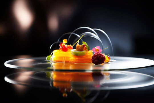 Beautifully presented Michelin star restaurant dish on a plate, black background. Refined and elegant cuisine, fine dinning