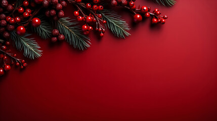Beautiful celebratory Christmas red background with fir or pine branches and rowan berries. New Year's holidays. Top view with copy space - obrazy, fototapety, plakaty
