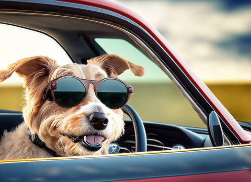 Cute Dog Looking Out Car Window Wearing Sunglasses
