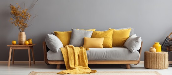 Stylish boho living room interior with gray sofa wooden coffee table cube basket personal accessories honey yellow pillow and plaid With copyspace for text