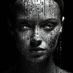 female portrait in a digital ascii art style black and white