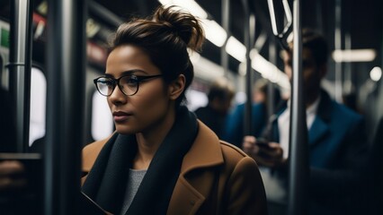 Candid morning shot of a woman during her subway commute, engrossed in work and connectivity - obrazy, fototapety, plakaty
