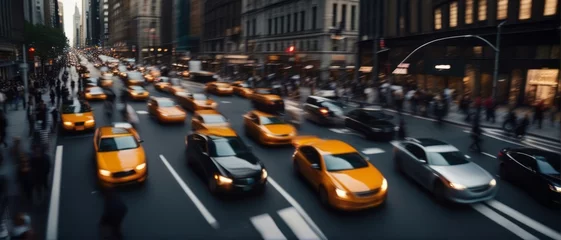 Foto auf Glas Cars in movement with motion blur. A crowded street scene in downtown Manhattan, Cars in movement © adi