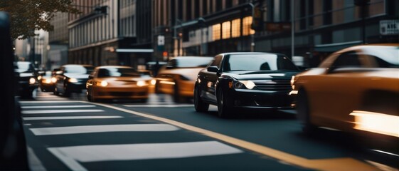 Cars in movement with motion blur. A crowded street scene in downtown Manhattan, Cars in movement