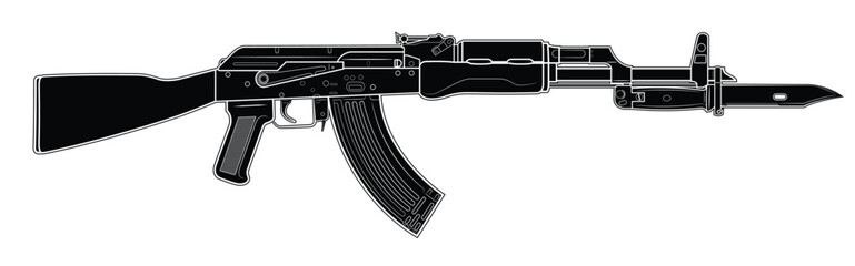 Vector illustration of soviet AK47 assault carbine with bayonet. Black. Right side.