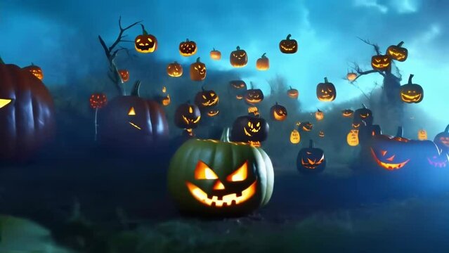 Slowly zooming the screen on dozens of glowing pumpkins, at night in the middle of the fog, a Halloween illustrated animated spooky short film.