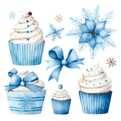 set of christmas festive cupcakes blue and cream color vectors