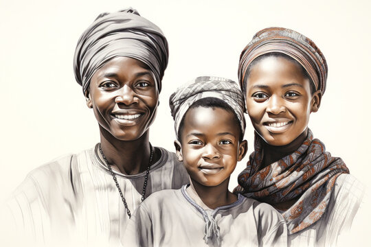 Minimalist child drawing of Kenyan family in traditional costume.