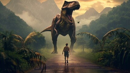 Jurassic Adventure: Boy's Close Encounter with a T-Rex - generative ai - obrazy, fototapety, plakaty