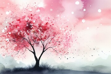 Fototapeta na wymiar An illustration of a pink cherry blossom tree with watercolor landscape. Generative AI