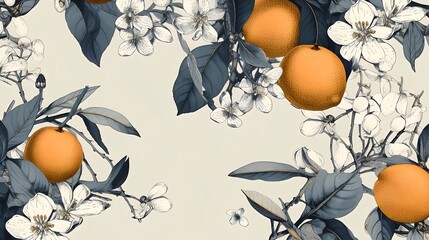 Beautiful fantasy vintage wallpaper botanical white flower and orange design, white background with white flower and lemon
