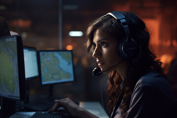 In a call center, a woman's attentive gaze focuses on a digital map, ensuring that the right assistance is dispatched promptly to those in crisis.  - obrazy, fototapety, plakaty