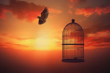 Fotobehang Concept of freedom, bird escaping cage and flying in front of sunset. Generative AI © Kato