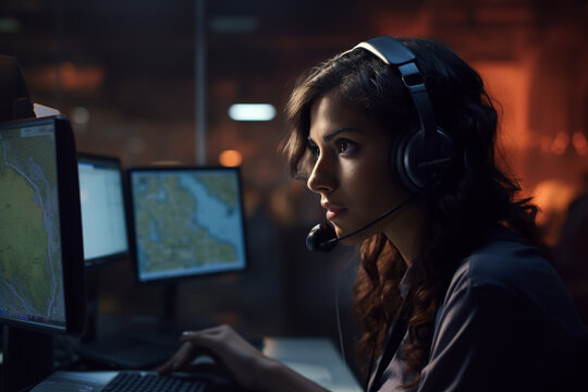 In a call center, a woman's attentive gaze focuses on a digital map, ensuring that the right assistance is dispatched promptly to those in crisis. 