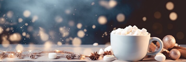 Hot chocolate - hot chocolate with marshmallows, Christmas background. Against the background of glare and blurry lights.. - obrazy, fototapety, plakaty