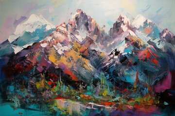 Awe-inspiring painting of mountains with striking color and snowy summits. Generative AI