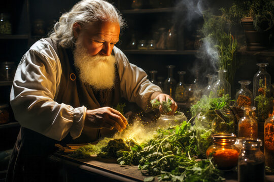 Mystical herbalist grinding herbs with scrolls and candles