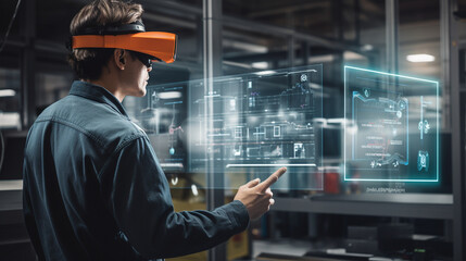 Workers in a smart factory wear smart helmets that allow for augmented reality (AR) communication, providing real-time instructions and visual guidance.  - obrazy, fototapety, plakaty