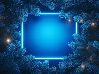Fototapeta na wymiar Christmas Xmas Spruce Tree Branches Decorated with Garland Lights, Holiday Festive Background. Widescreen Neon Blue Gold Glow Frame Backdrop. New Year Winter Art Design, Christmas Scene Holiday Border