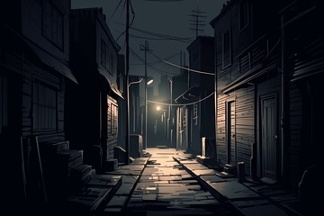 Illustration of a dark urban alleyway at night with dim lighting in the evening. Generative AI - obrazy, fototapety, plakaty