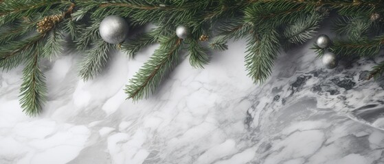Banner with marble surface and Christmas tree decorations