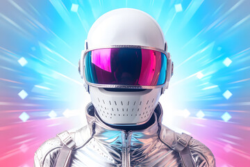 Portrait of Space man in glowing helmet, in the style of futuristic pop, luminous color palette