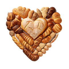 Pile of various Type of bread be arranged into heart shape isolated on white background.
