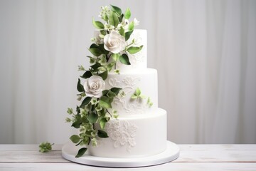 Multilevel White wedding cake with eucalyptus leaves and Roses