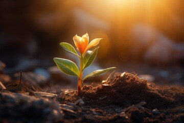 A small plant with a flower in the soil - obrazy, fototapety, plakaty