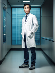 Man in a lab coat standing in a hallway.