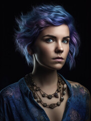 Woman with blue hair and tattoos.