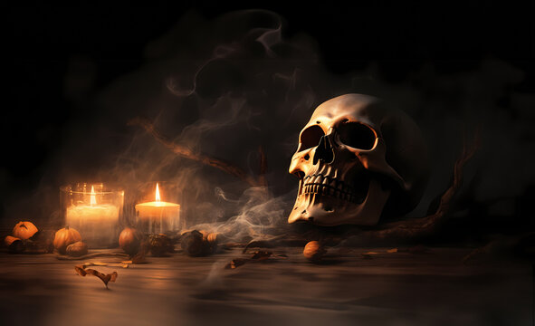Halloween skull on table with candles