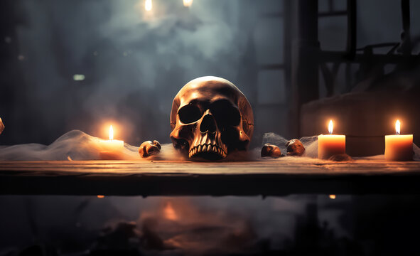 Halloween skull on table with candles