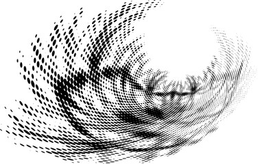 Halftone turbulent dotted or speckled radial symbol, logo, sign. Vector.