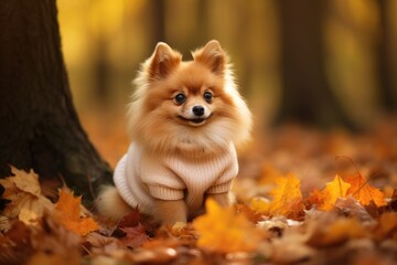 Obraz premium A Pomeranian dog sits in an autumn forest in a sweater
