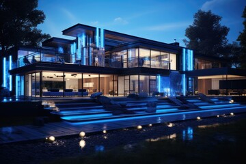 Obraz premium Modern country house with large windows and blue neon lighting