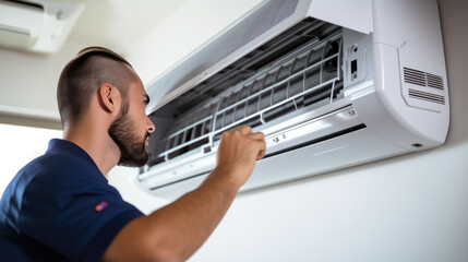 Male technician repairs an air conditioner indoors.