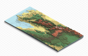 3d model map of Morocco. Terrain map, Isometric map virtual terrain 3d for infographic. Geography and topography planet earth flattened satellite view