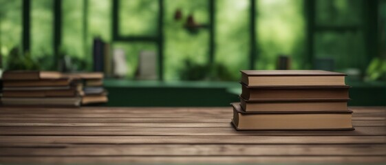 Empty wooden table surface with pile of books and green wall background